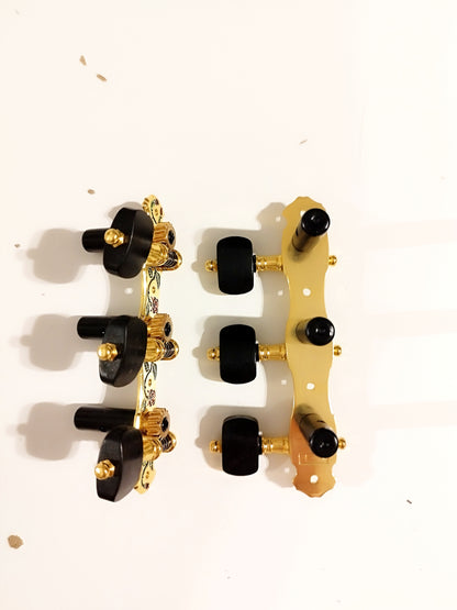 Alice-Mechaniken für klassische Gitarre in Gold und Wirbel aus schwarzem Natur-Ebenholz, emailliert in 2 Farben.