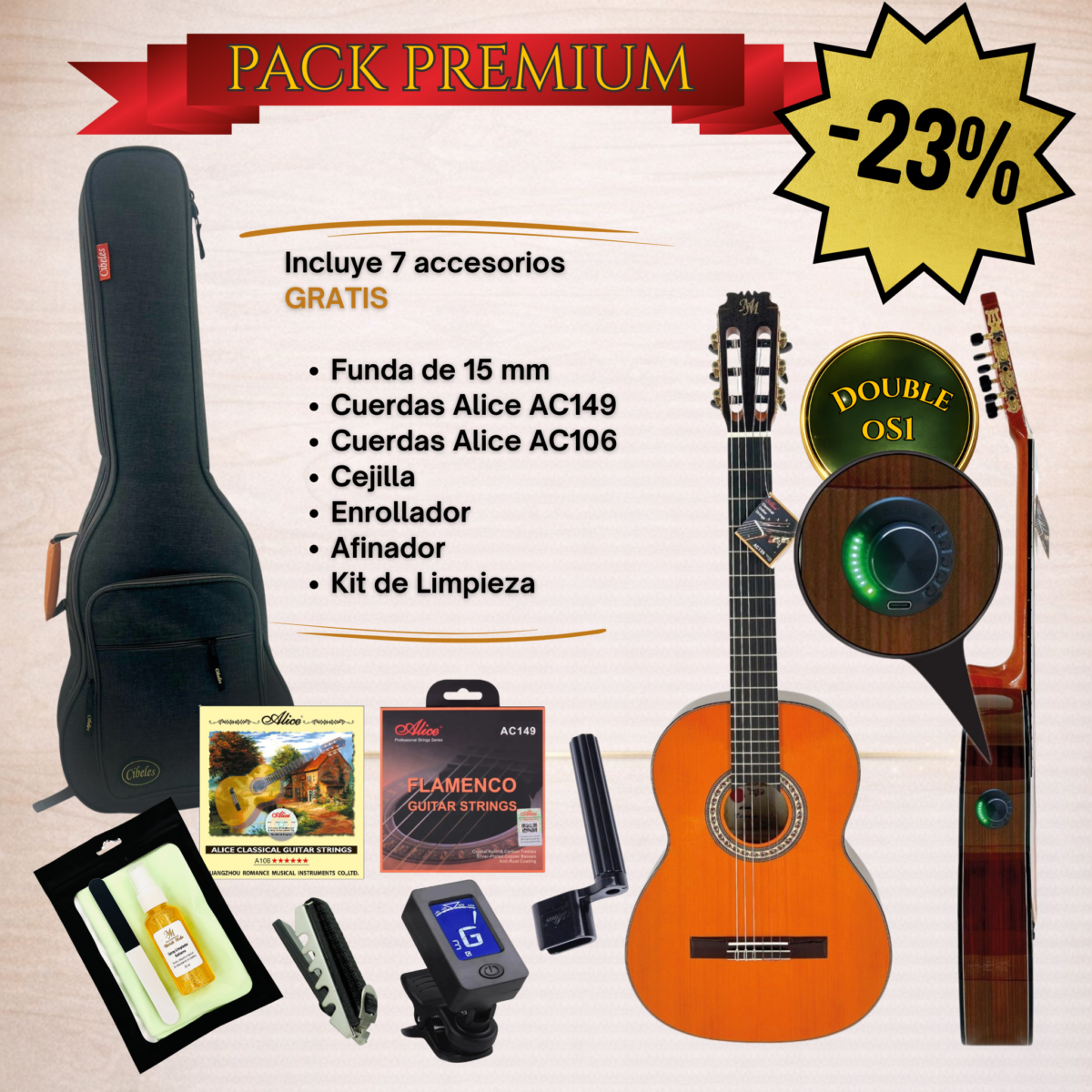 PACK PREMIUM Guitarra Flamenca Palosanto: "Tomasa" color Naranja, OS1