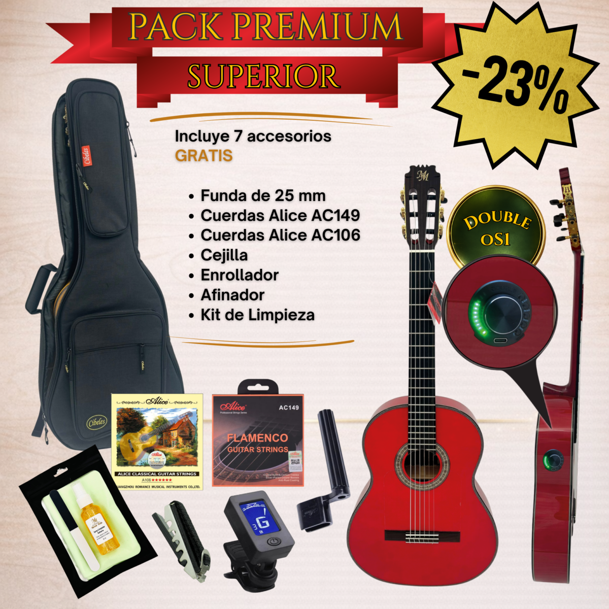 PACK PREMIUM SUPERIOR Guitarra Flamenca "Alameda” (Arce flameado) color Rojo  - OS1